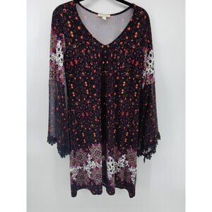 Prelude Black Dress Lace Bell Sleeves with Floral Print SIze M